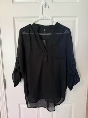 Maurice’s Black Sheer Roll-Sleeve V-Neck Blouse